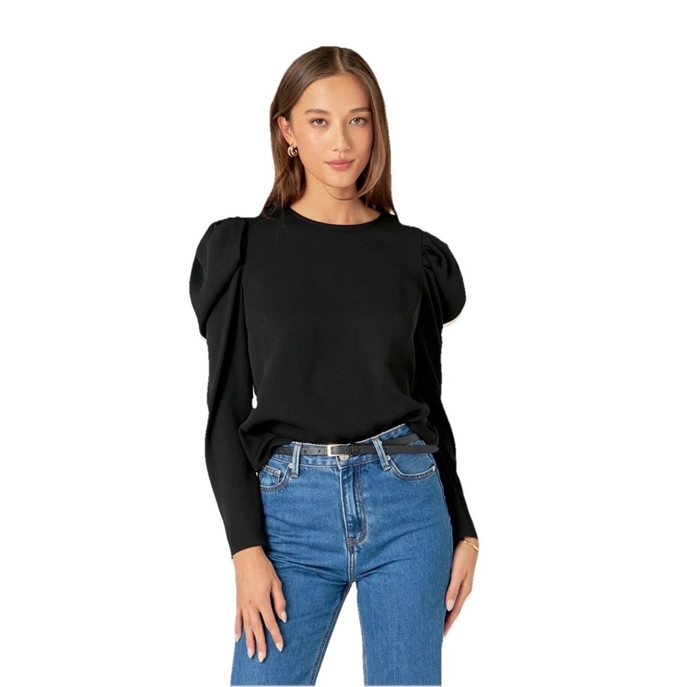 English Factory Mixed Media Blouse Black XS Shirred Long‎ Sleeves